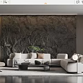 Modern Living Room Interior With Marble Wall Light Sofa Coffee Table Floor Lamp And Potted Plant