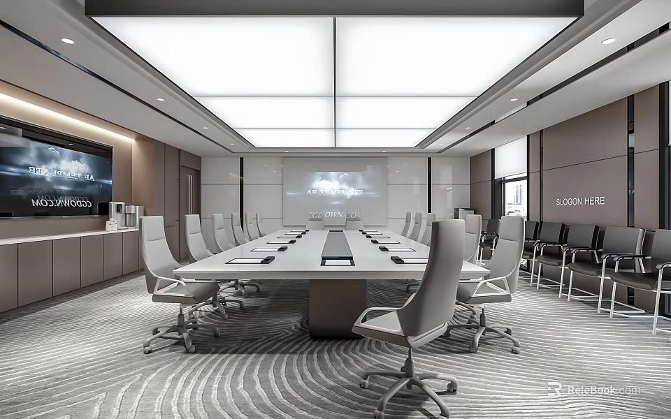Modern Conference Room Interior With Long Conference Table Ergonomic Chairs And Projection Screen 3d model 