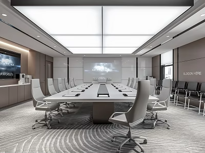 Modern Conference Room Interior With Long Conference Table Ergonomic Chairs And Projection Screen 3d model