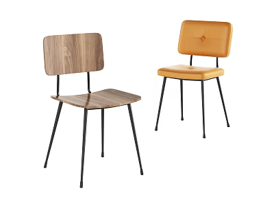 Modern Dining Chairs With Wooden And Orange Leather Seats And Metal Legs 3d model
