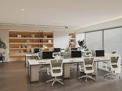 Modern Office Interior Design With Workstations Computers Chairs Plants And Bookshelves 3d model