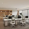 Modern Office Interior Design With Workstations Computers Chairs Plants And Bookshelves