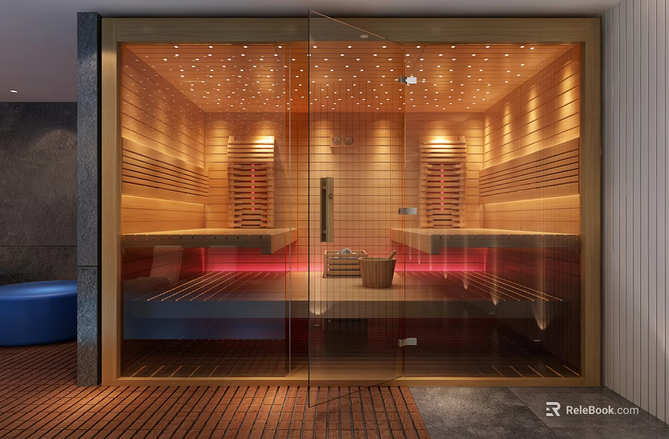 Modern SPA Sauna Interior Design With Wooden Panels Glass Door And Warm Lighting 3d model 