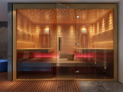 Modern SPA Sauna Interior Design With Wooden Panels Glass Door And Warm Lighting 3d model