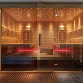 Modern SPA Sauna Interior Design With Wooden Panels Glass Door And Warm Lighting