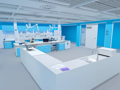 Modern Blue And White Laboratory Interior With Open Layout Lab Benches Sink And Equipment 3d model
