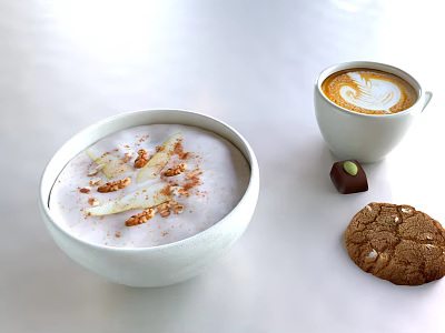 Creamy Yogurt Bowl With Toasted Nuts And Cinnamon Served With Latte Cookie And Chocolate 3d model