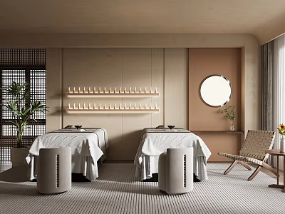 Modern Beauty Salon Interior With Treatment Beds Round Mirror Beauty Products And Plants 3d model