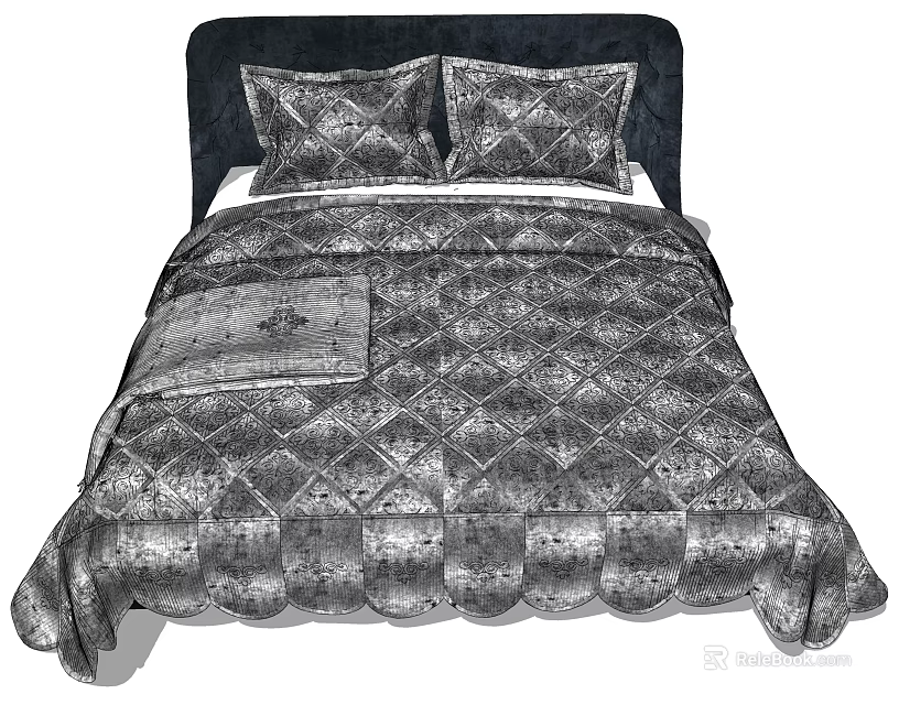 Double Bed With Dark Headboard Diamond Pattern Quilt And Matching Pillows 3d model 