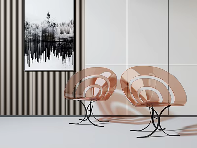 Modern Orange Single Chair with Curved Backrest Black Metal Legs by Striped Wall and Painting 3d model