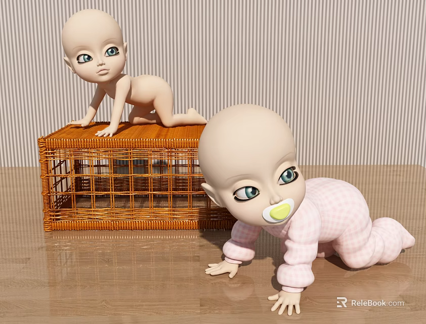 Man Observing Two Baby Dolls Near Wicker Basket On Wooden Floor 3d model 