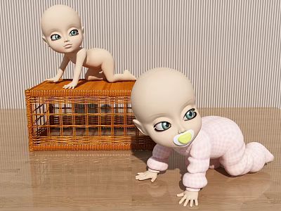 Man Observing Two Baby Dolls Near Wicker Basket On Wooden Floor 3d model