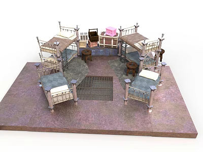 Traditional Bedroom Furniture Layout With Four Beds Small Table Chair And Central Rug 3d model
