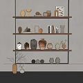 Decorative Ceramic Vessels Displayed on Wooden Shelves with Various Shapes Colors and Ornaments