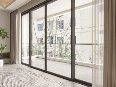 Modern Home Balcony Interior With Large Glass Doors Outdoor Tree View Indoor Rug And Potted Plant 3d model