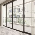 Modern Home Balcony Interior With Large Glass Doors Outdoor Tree View Indoor Rug And Potted Plant