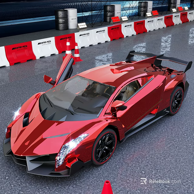 Sleek Red Sports Car With Scissor Doors Black Wheels And Aerodynamic Design On Track 3d model 