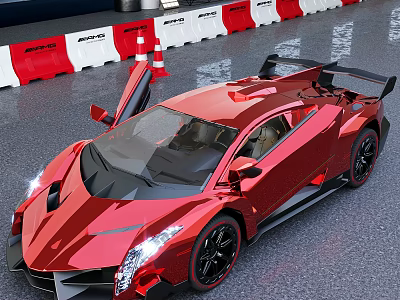 Sleek Red Sports Car With Scissor Doors Black Wheels And Aerodynamic Design On Track 3d model