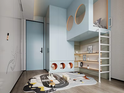 Modern Blue Kids Room With Bunk Bed Round Windows Play Rug Toys And Storage Cabinets 3d model