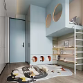 Modern Blue Kids Room With Bunk Bed Round Windows Play Rug Toys And Storage Cabinets