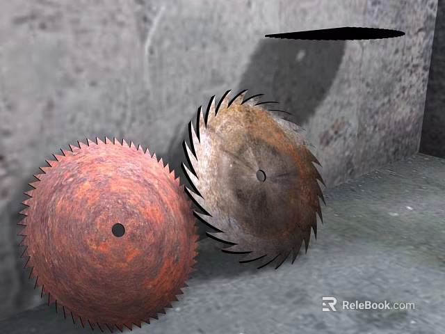 Industrial Equipment With Red And Brown Saw Blades On Concrete Wall And Floor 3d model 
