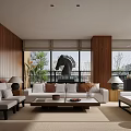 Modern Living Room With Wooden Wall TV Sofa Coffee Table Large Windows And Natural Light