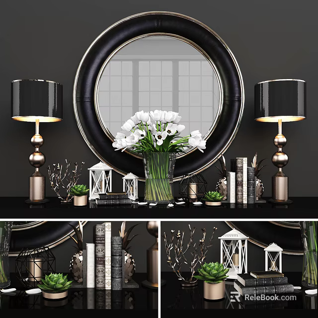 Modern Decorative Ornament Set With Round Mirror Table Lamps Vase Green Succulents And Books 3d model 