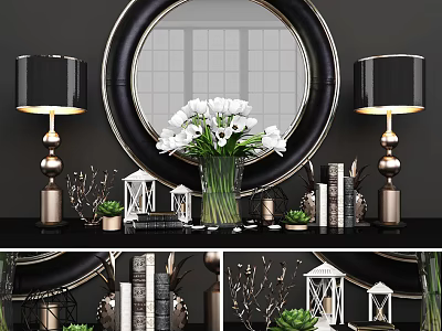 Modern Decorative Ornament Set With Round Mirror Table Lamps Vase Green Succulents And Books 3d model