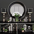 Modern Decorative Ornament Set With Round Mirror Table Lamps Vase Green Succulents And Books