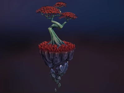 Green Twisted Trunk Tree With Red Foliage Growing On Floating Rock Platform Against Dark Background 3d model