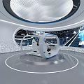 Modern Exhibition Hall Space With Blue Lit Counter Glass Railing Stairs And White Walls