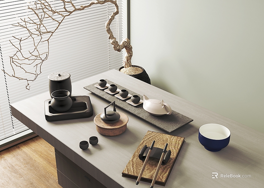 Traditional Tea Set With Ceramic Teapot Cups And Wooden Tray On Table 3d model 