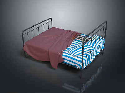 Double Bed With Black Metal Frame Red Blanket And Blue White Striped Bedding 3d model