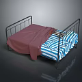 Double Bed With Black Metal Frame Red Blanket And Blue White Striped Bedding