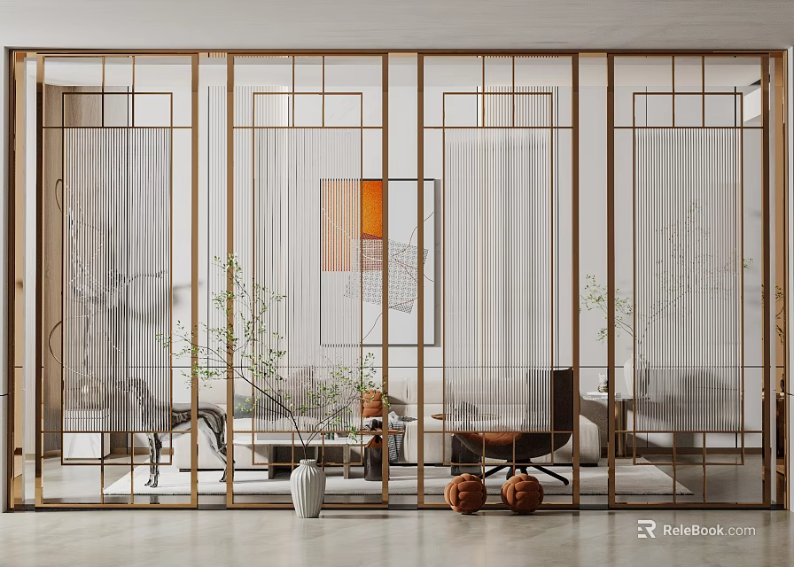 Modern Living Room Interior With Metal Frame Partition And Sheer Fabric Panels 3d model 