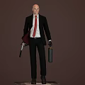 Man in Black Suit with Red Tie Holding Gun and Briefcase Standing Against Brown Background