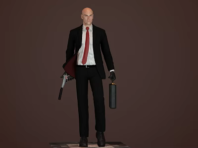Man in Black Suit with Red Tie Holding Gun and Briefcase Standing Against Brown Background 3d model