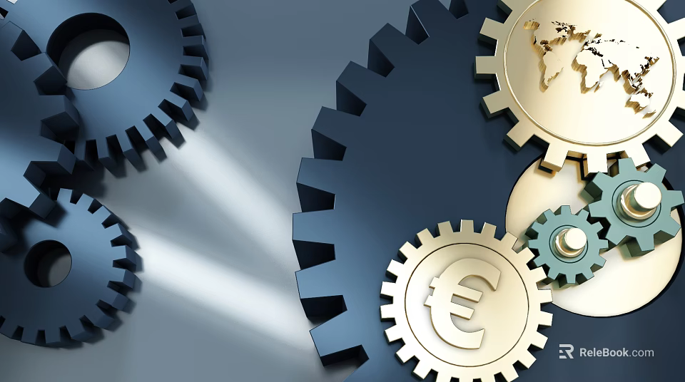 Mechanical Gears With Euro Symbol And World Map Design Elements 3d model 