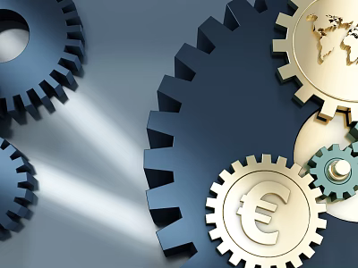Mechanical Gears With Euro Symbol And World Map Design Elements 3d model