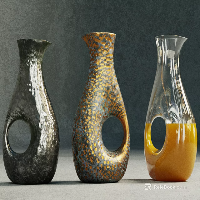 Elegant Gold Speckled Ceramic Vessels With Hollow Circular Design And Textured Finish 3d model 