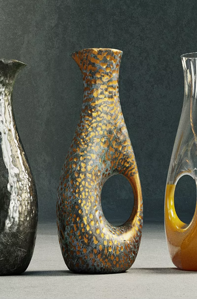 Elegant Gold Speckled Ceramic Vessels With Hollow Circular Design And Textured Finish 3d model