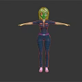White Short Haired Female Game Character Wearing Blue Jumpsuit With Yellow Belt And Pink Shoes