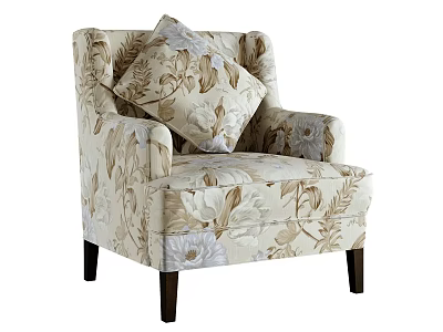 Stylish Accent Chair With Floral Pattern Beige Brown Tones Armrests Cushions Dark Wooden Legs 3d model