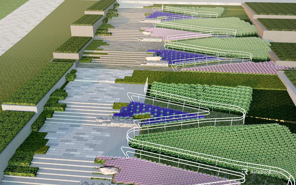 Outdoor Stairs with Greenery and Purple Plants Along Landscaped Steps and Railings 3d model 
