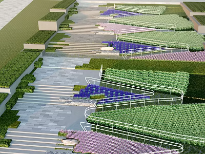 Outdoor Stairs with Greenery and Purple Plants Along Landscaped Steps and Railings 3d model