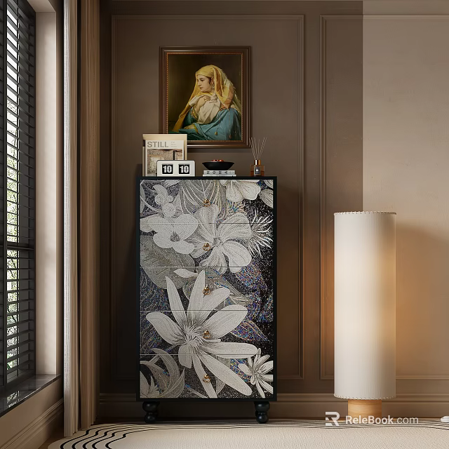 Elegant Entryway Cabinet Sideboard With Floral Pattern Decorative Top Artwork And Floor Lamp 3d model