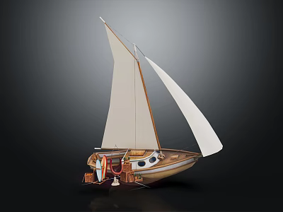 Wooden Sailboat Model With White Sails And Detailed Interior Design Features 3d model
