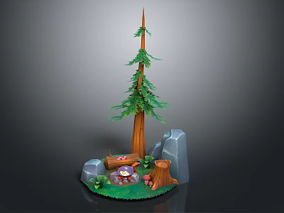 Cartoon Scene Featuring Tall Pine Tree Gray Rocks Tree Stump And Green Grass 3d model