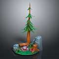 Cartoon Scene Featuring Tall Pine Tree Gray Rocks Tree Stump And Green Grass