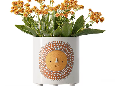 White Vase With Sun Face Design Featuring Yellow Flowers And Green Leaves 3d model